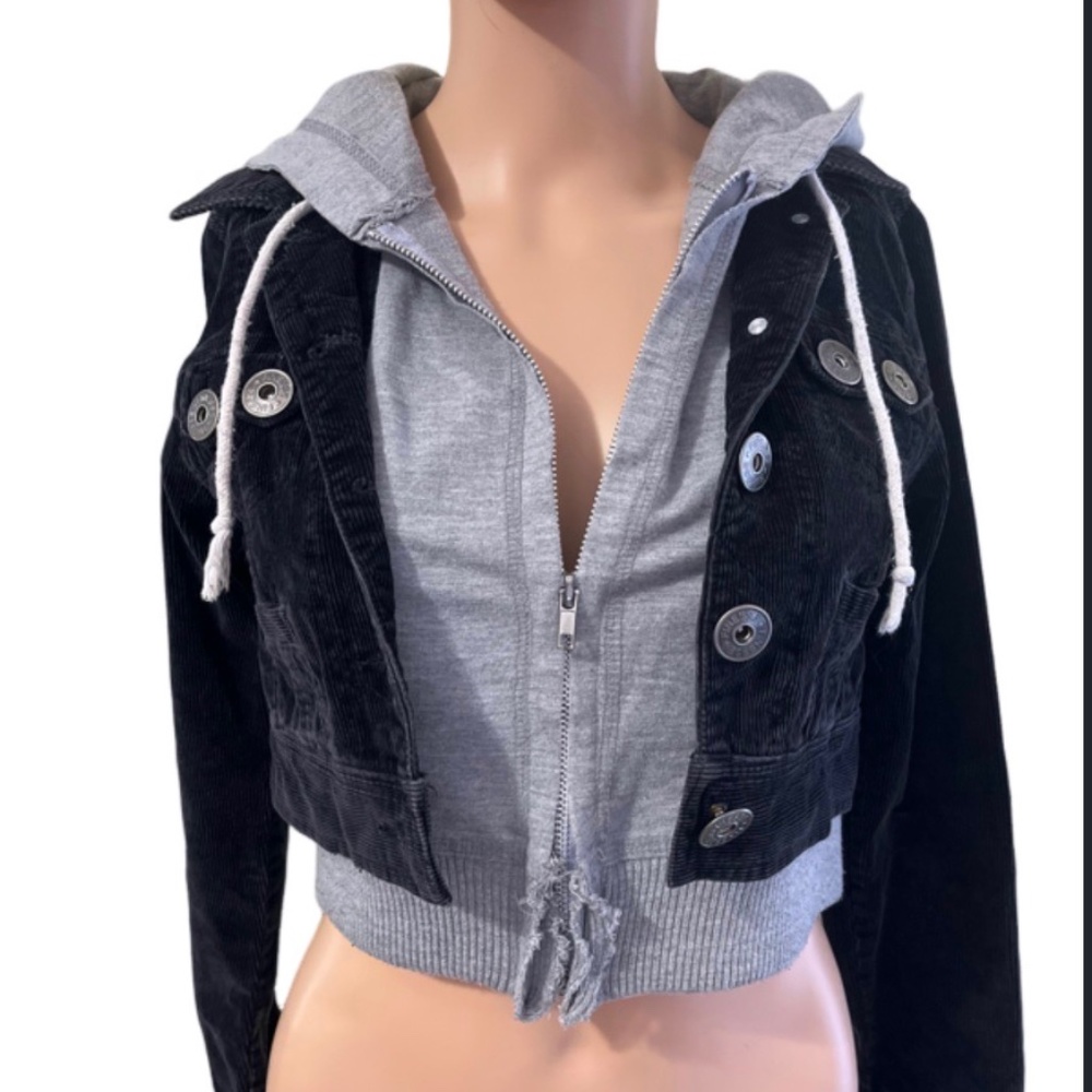 Finesse Black Corduroy and Grey Jersey Hooded Waist Jacket Sz M